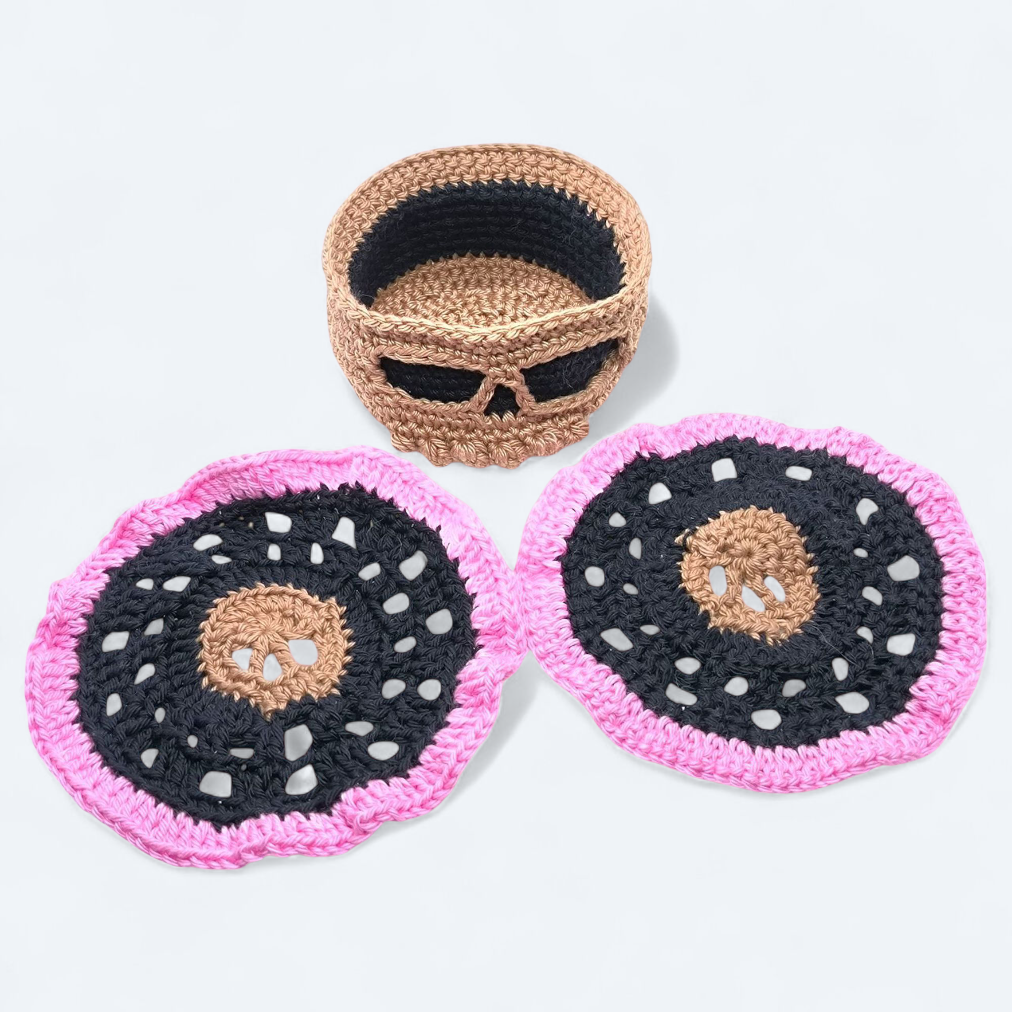Set Tête de Mort & Cerveau au Crochet 🖤Dessous de Verre Uniques