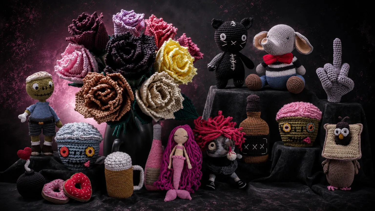 Vitrine de l'atelier : créatures au crochet, roses, chats, zombies et monstres faits main